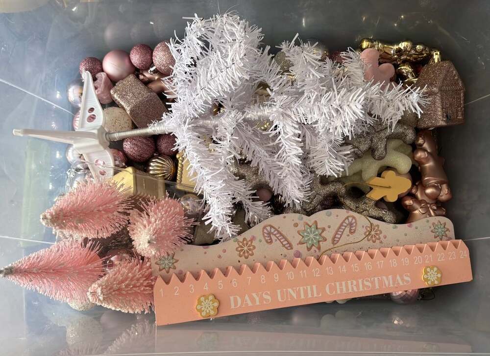 Pink and Gold Christmas Ornament and Decor Lot with Small White Tree and Countdo